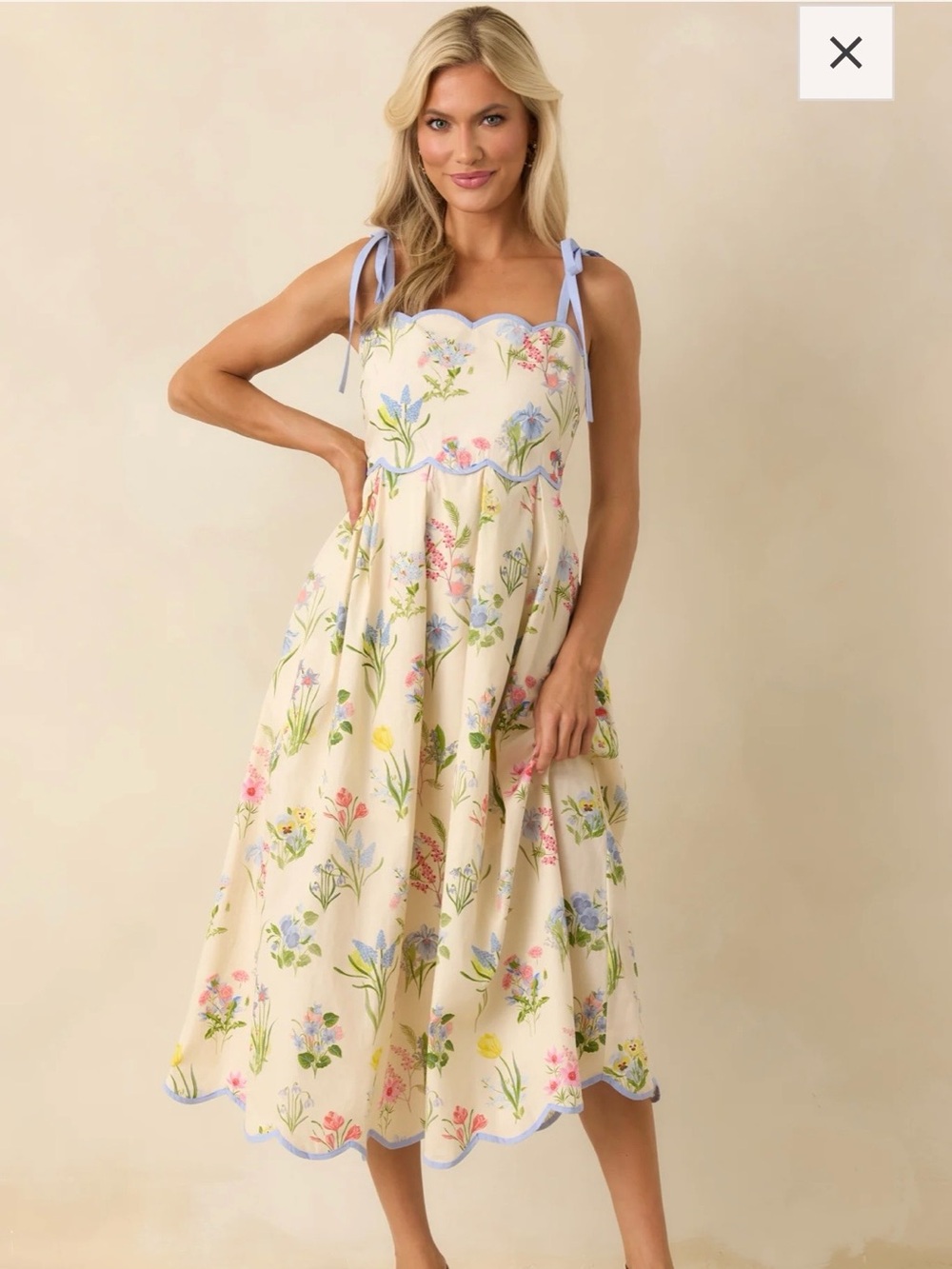 Entro Cream Floral Scallop Midi Dress